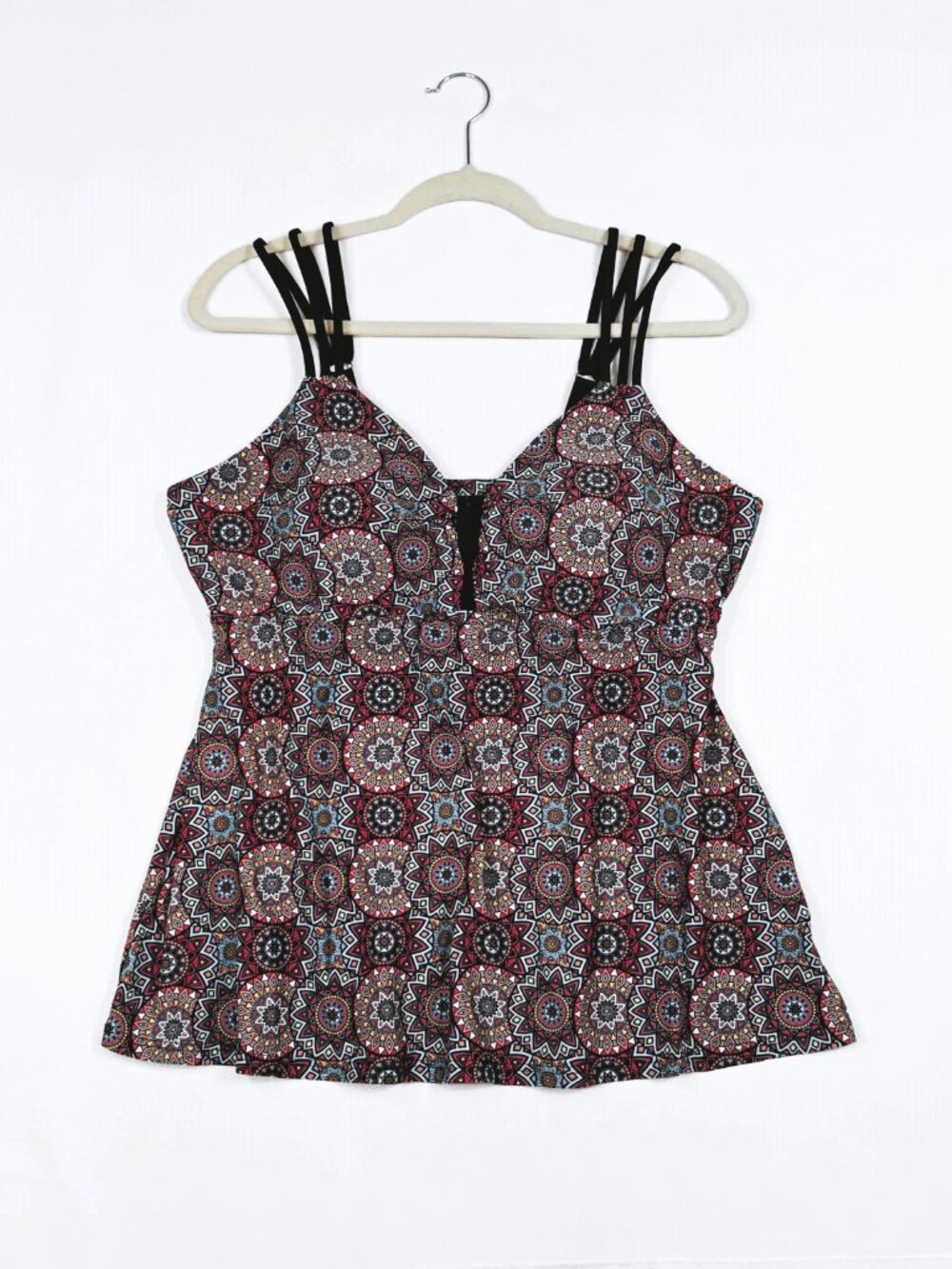 Cactus Plus 1X Tankini Top Swimsuit Mandala Print Triple Strap Boho V-Neck